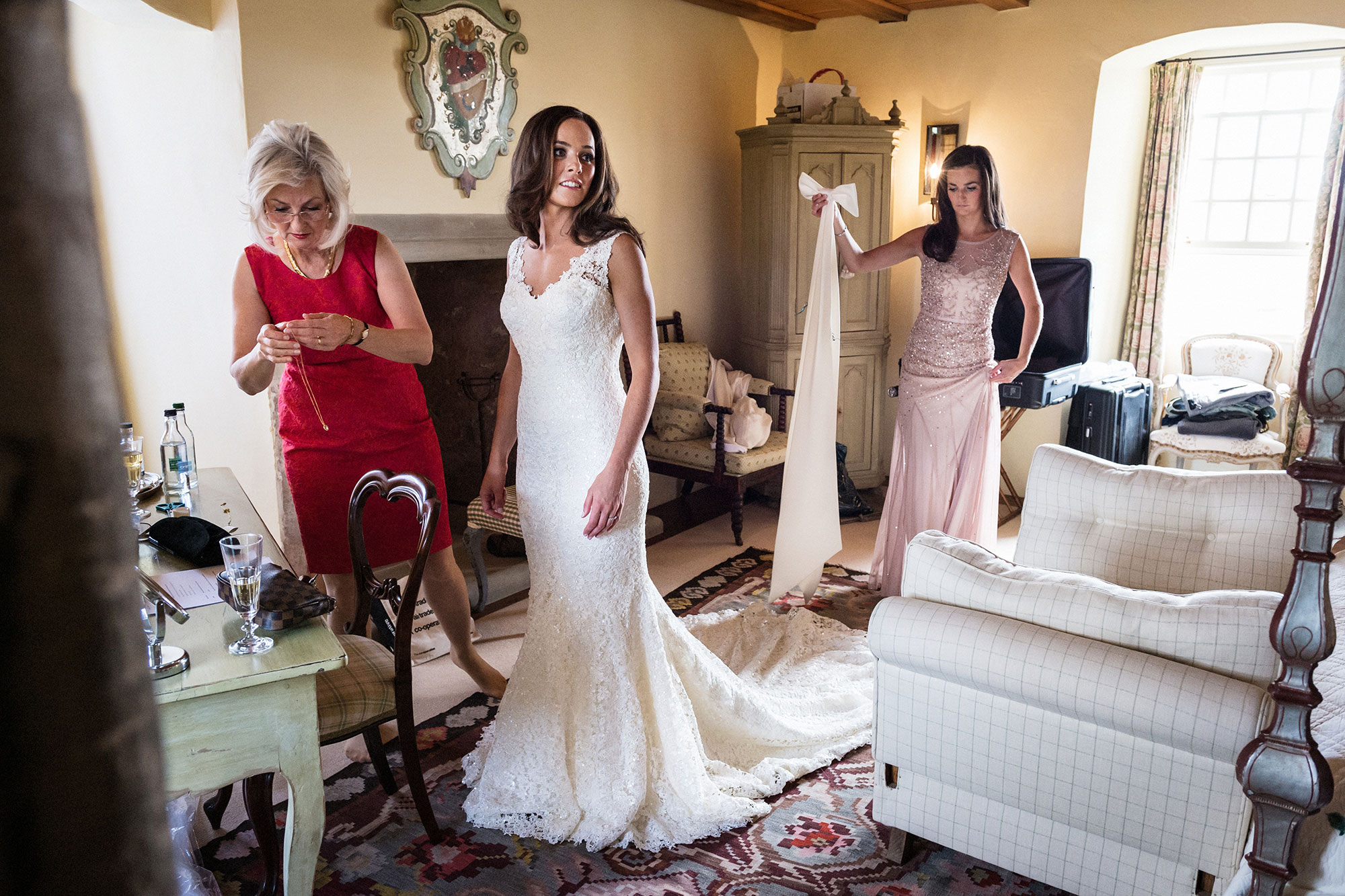 Bride and dress at Fenton Tower wedding