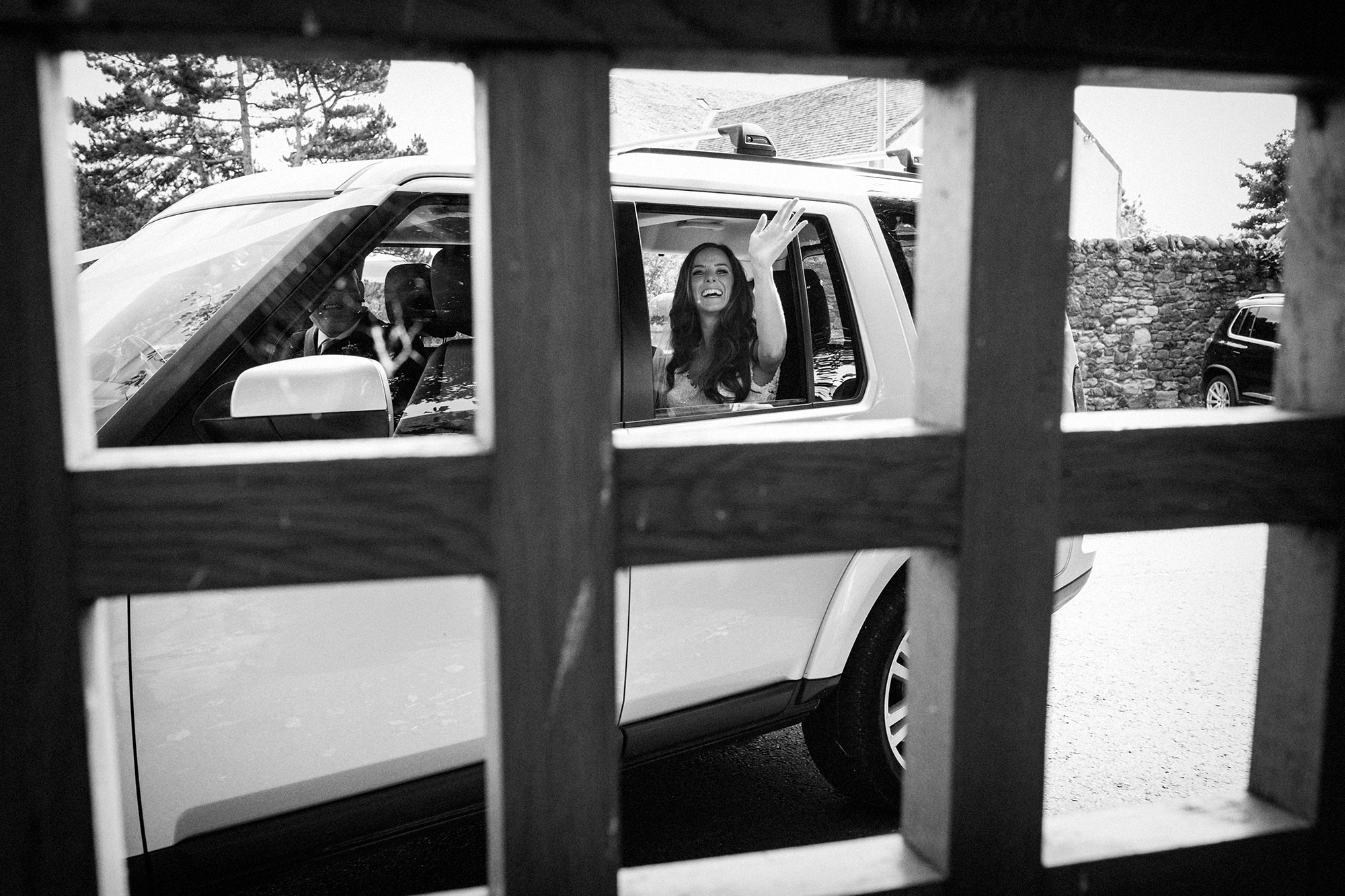 Bride arrives at church East Lothian wedding