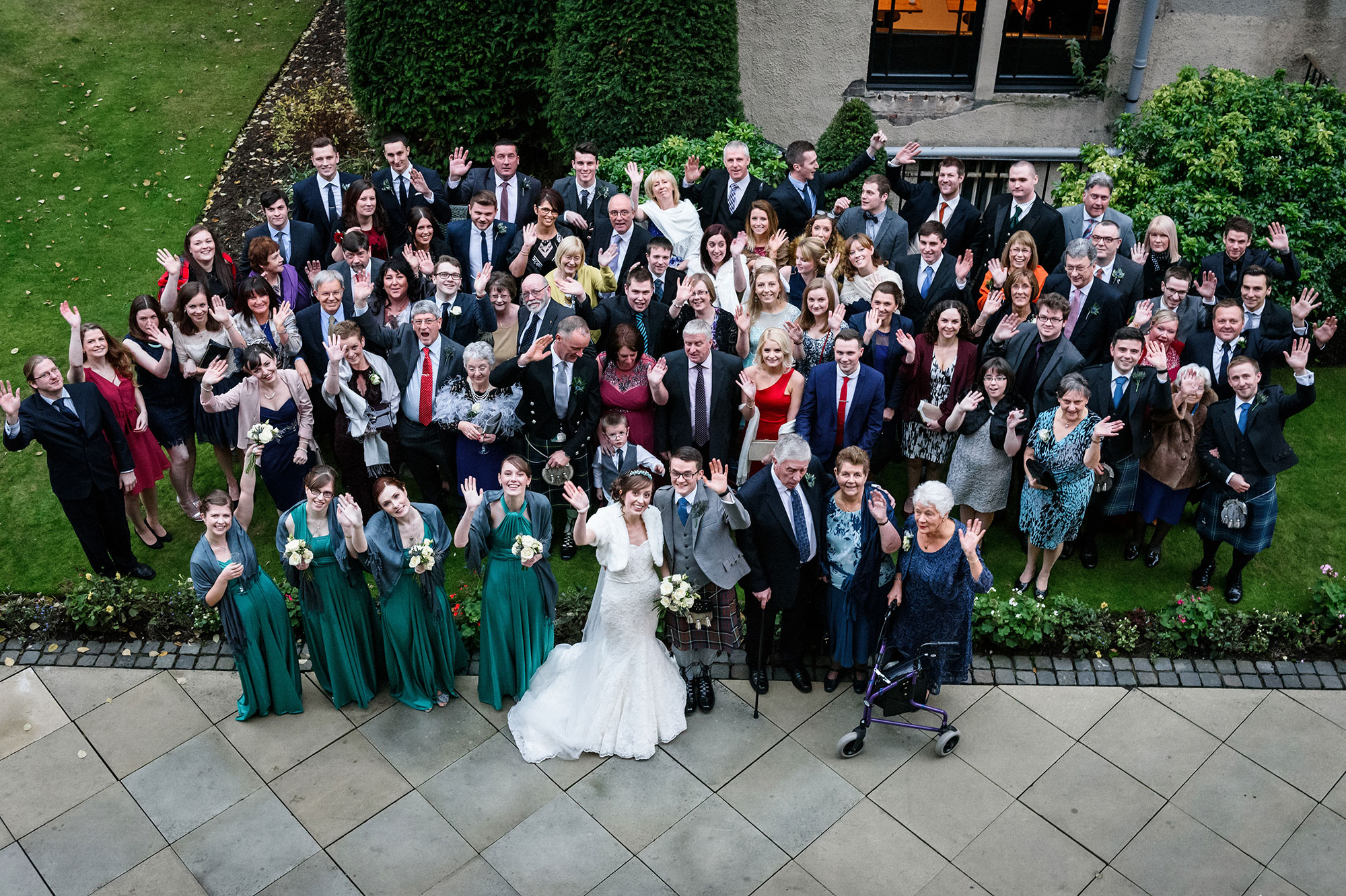 Group photo at Surgeons Hall Edinburgh wedding